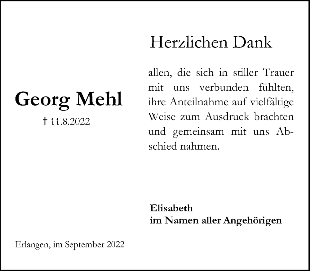  Traueranzeige für Georg Mehl vom 10.09.2022 aus Erlanger Nachrichten Lokal