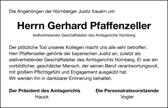 Traueranzeige von Gerhard Pfaffenzeller von Gesamtausgabe Nürnberger Nachrichten/ Nürnberger Ztg.