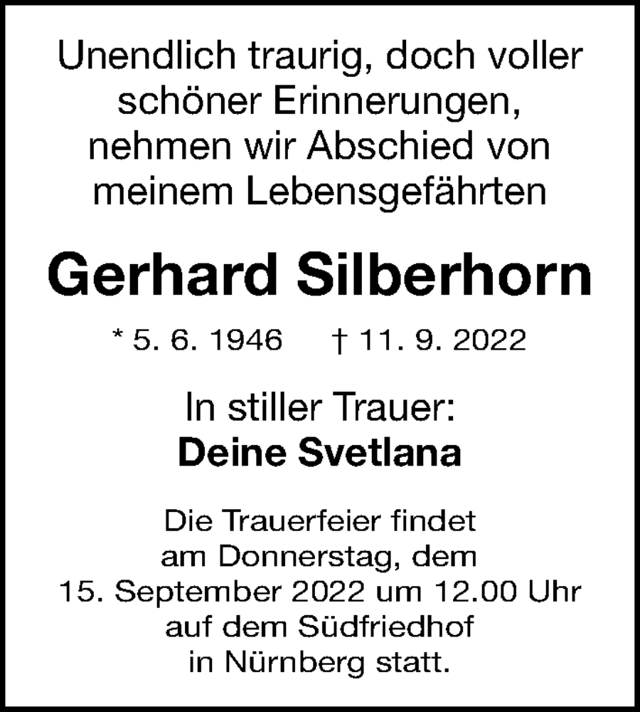  Traueranzeige für Gerhard Silberhorn vom 14.09.2022 aus Gesamtausgabe Nürnberger Nachrichten/ Nürnberger Ztg.