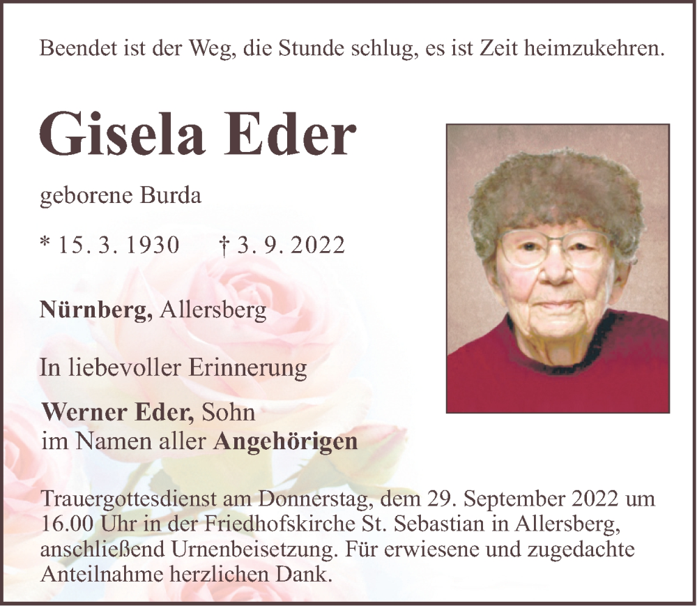  Traueranzeige für Gisela Eder vom 27.09.2022 aus Roth-Hilpoltsteiner Volkszeitung Lokal