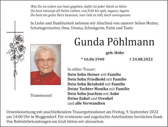 Traueranzeige von Gunda Pöhlmann von Nordbayerische Nachrichten Forchheim Lokal