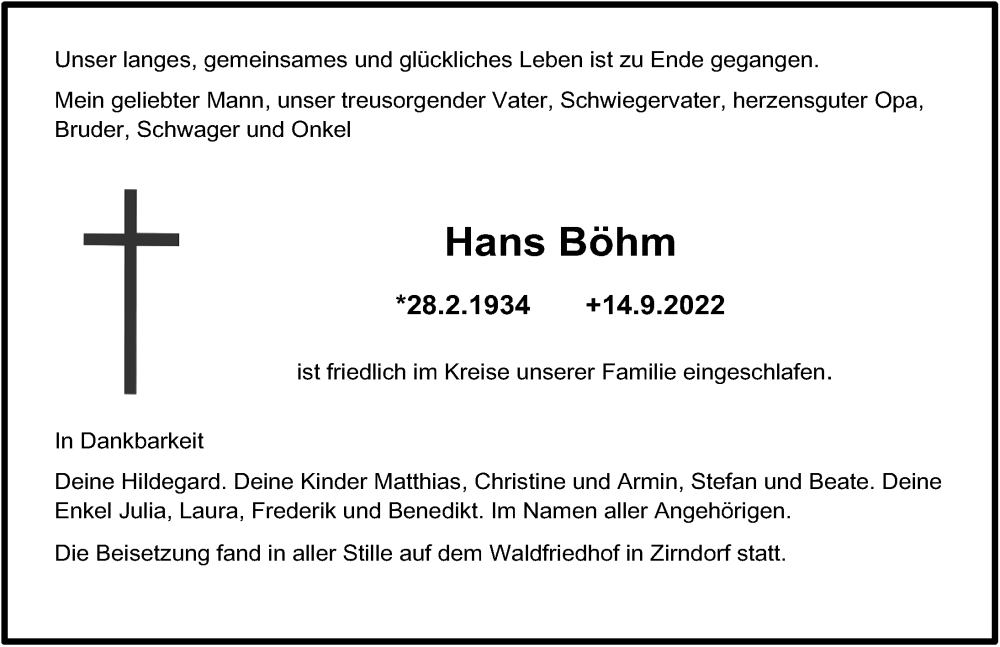  Traueranzeige für Hans Böhm vom 24.09.2022 aus Gesamtausgabe Nürnberger Nachrichten/ Nürnberger Ztg.