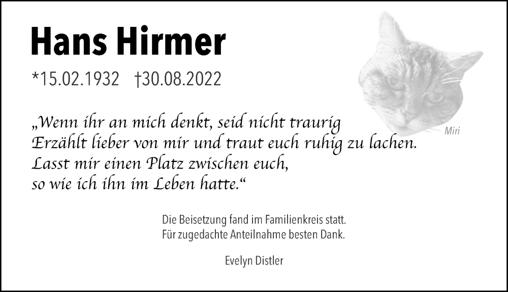  Traueranzeige für Hans Hirmer vom 24.09.2022 aus Neumarkter Nachrichten Lokal