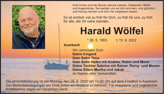 Traueranzeige von Harald Wölfel von Nordbayerische Nachrichten Pegnitz Lokal