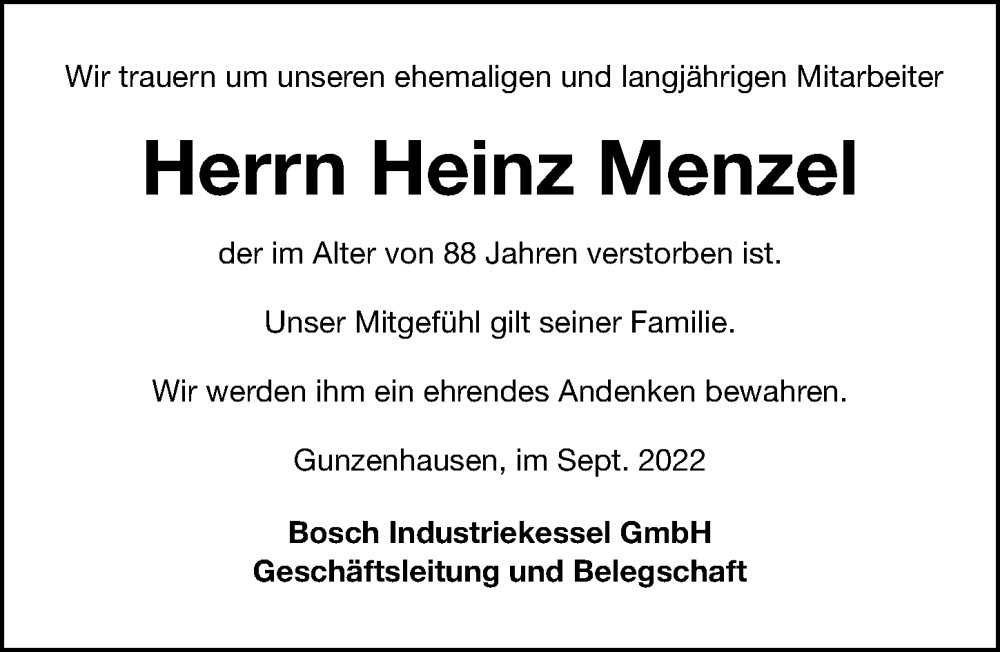 Traueranzeige für Heinz Menzel vom 16.09.2022 aus Altmühl-Bote Lokal