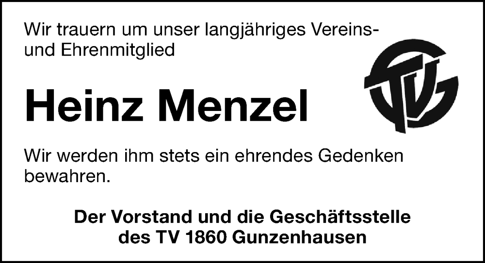  Traueranzeige für Heinz Menzel vom 16.09.2022 aus Altmühl-Bote Lokal