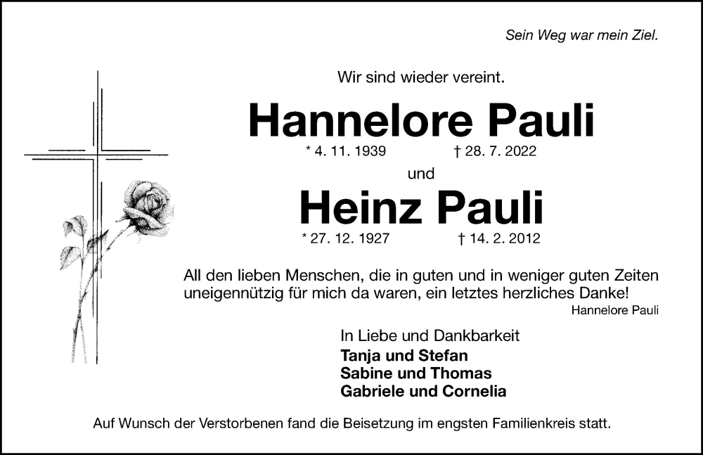  Traueranzeige für Heinz Pauli vom 03.09.2022 aus Gesamtausgabe Nürnberger Nachrichten/ Nürnberger Ztg.