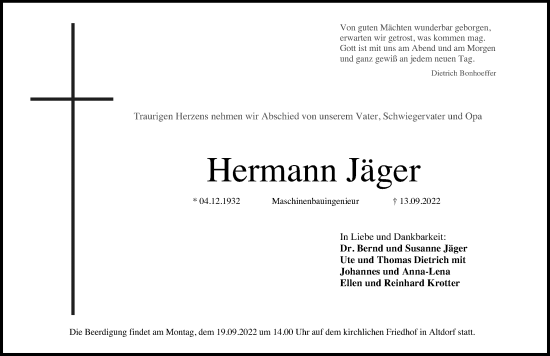 Traueranzeige von Hermann Jäger von Gesamtausgabe Nürnberger Nachrichten/ Nürnberger Ztg.