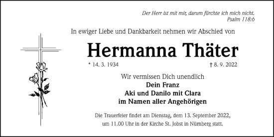 Traueranzeige von Hermanna Thäter von Gesamtausgabe Nürnberger Nachrichten/ Nürnberger Ztg.