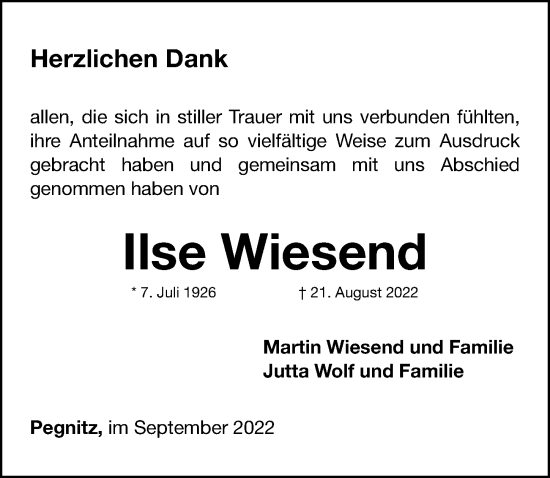 Traueranzeige von Ilse Wiesend von Nordbayerische Nachrichten Pegnitz Lokal