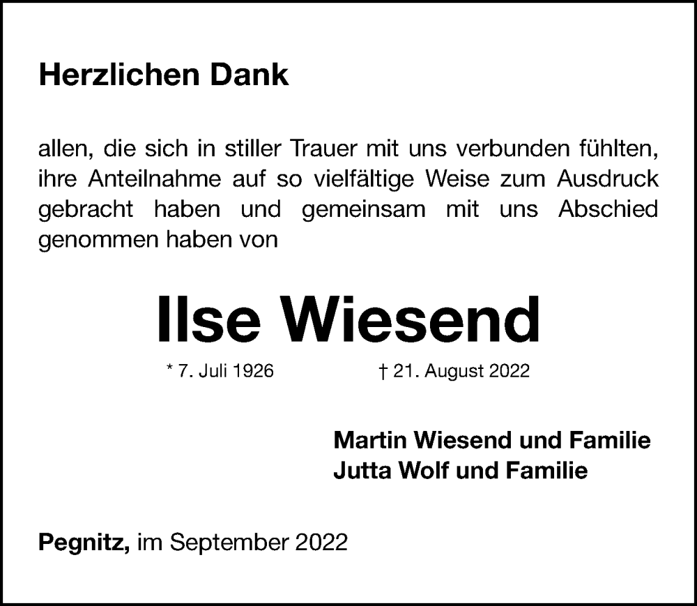  Traueranzeige für Ilse Wiesend vom 19.09.2022 aus Nordbayerische Nachrichten Pegnitz Lokal