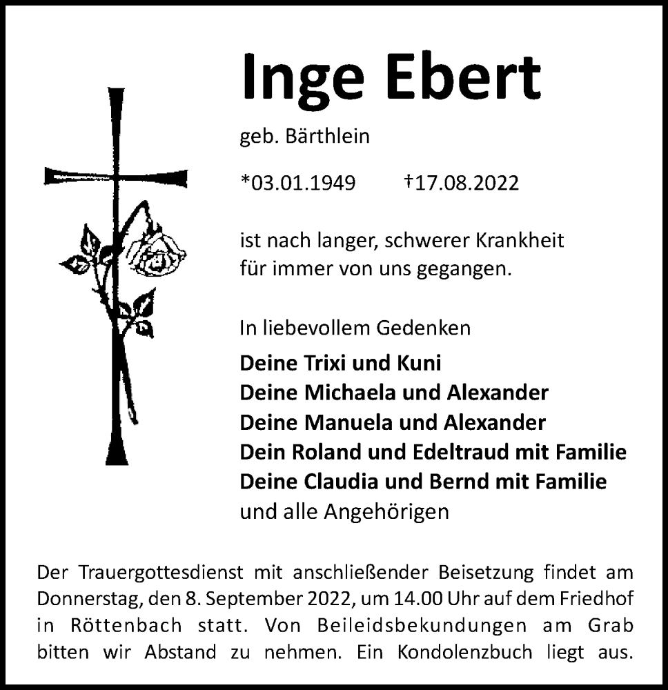  Traueranzeige für Inge Ebert vom 03.09.2022 aus Nordbayerische Nachrichten Herzogenaurach Lokal