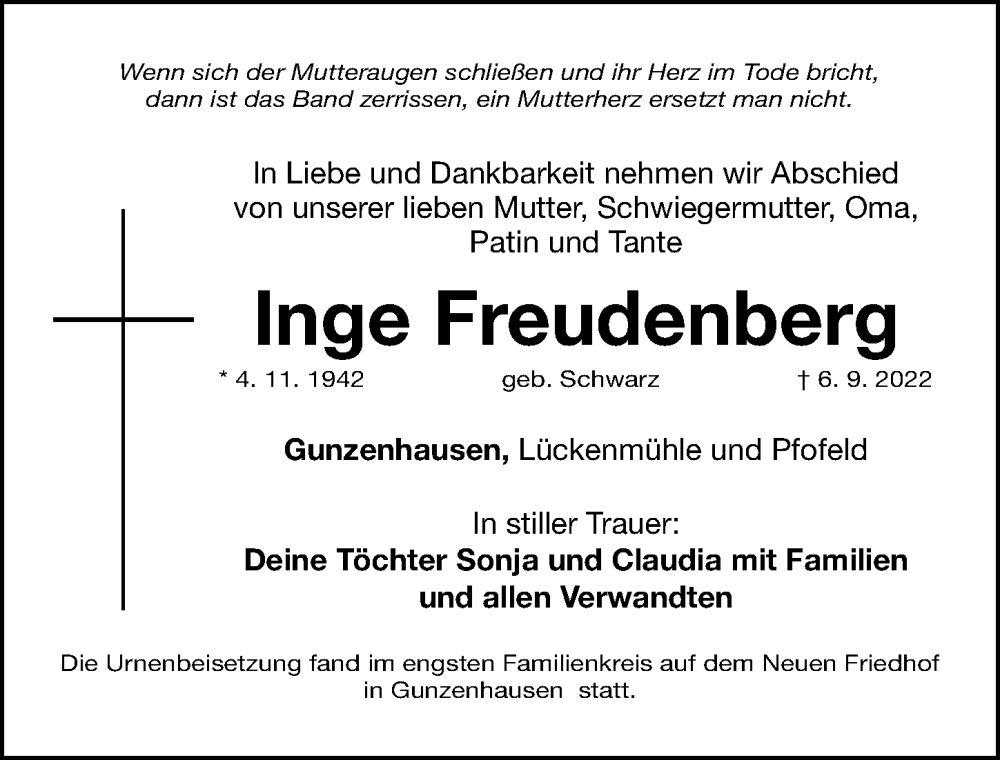  Traueranzeige für Inge Freudenberg vom 28.09.2022 aus Altmühl-Bote Lokal