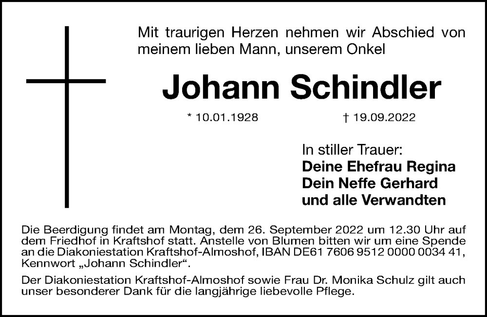 Traueranzeige für Johann Schindler vom 24.09.2022 aus Gesamtausgabe Nürnberger Nachrichten/ Nürnberger Ztg.