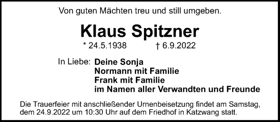 Traueranzeige von Klaus Spitzner von Gesamtausgabe Nürnberger Nachrichten/ Nürnberger Ztg.