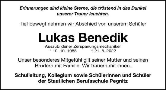 Traueranzeige von Lukas Benedik von Nordbayerische Nachrichten Pegnitz Lokal