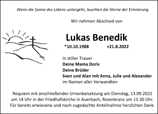 Traueranzeige von Lukas Benedik von Nordbayerische Nachrichten Pegnitz Lokal