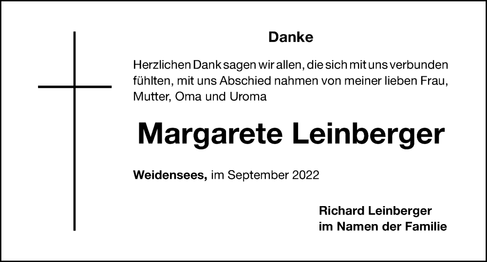  Traueranzeige für Margarete Leinberger vom 10.09.2022 aus Nordbayerische Nachrichten Pegnitz Lokal