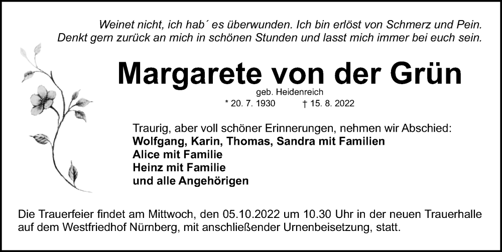  Traueranzeige für Margarete von der Grün vom 24.09.2022 aus Gesamtausgabe Nürnberger Nachrichten/ Nürnberger Ztg.