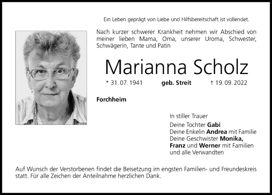 Traueranzeigen von Marianna Scholz | trauer.nn.de