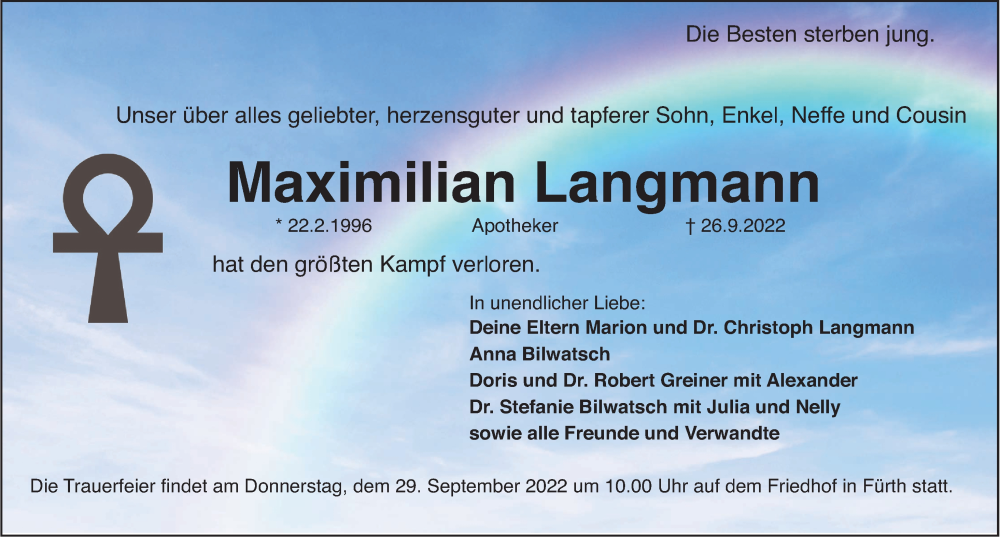  Traueranzeige für Maximilian Langmann vom 28.09.2022 aus Fürther Nachrichten Lokal