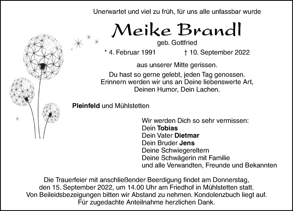  Traueranzeige für Meike Brandl vom 13.09.2022 aus Roth-Hilpoltsteiner Volkszeitung Lokal