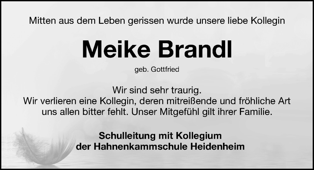  Traueranzeige für Meike Brandl vom 15.09.2022 aus Altmühl-Bote Lokal