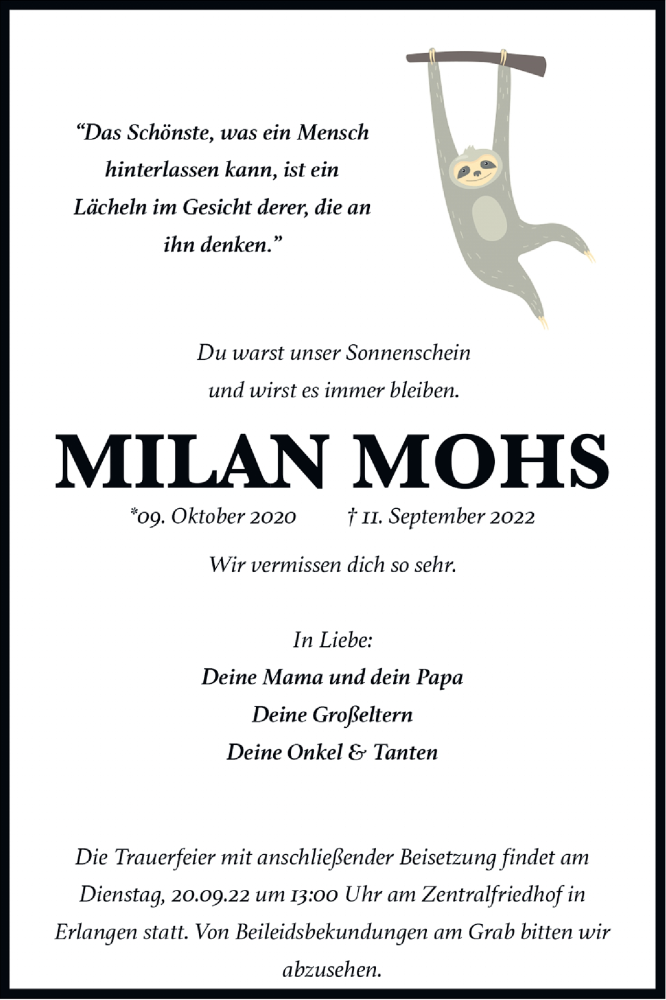  Traueranzeige für Milan Mohs vom 17.09.2022 aus Nordbayerische Nachrichten Herzogenaurach Lokal