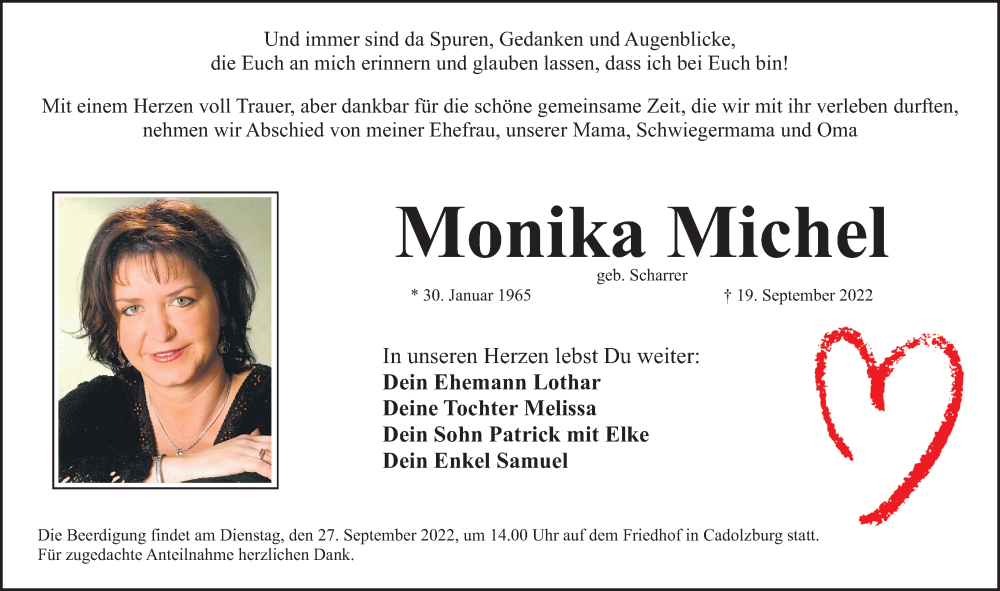  Traueranzeige für Monika Michel vom 24.09.2022 aus Fürther Nachrichten Lokal