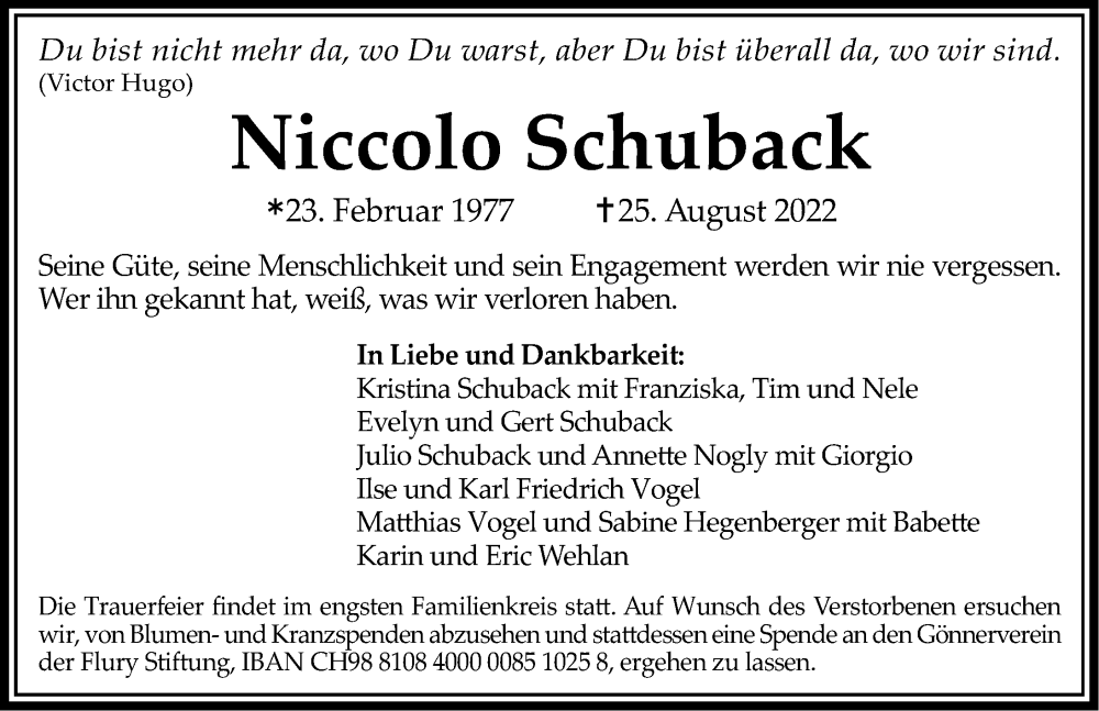  Traueranzeige für Niccolo Schuback vom 02.09.2022 aus Gesamtausgabe Nürnberger Nachrichten/ Nürnberger Ztg.