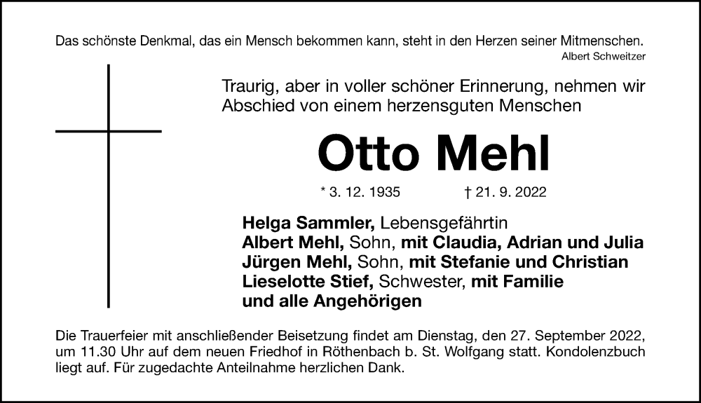  Traueranzeige für Otto Mehl vom 24.09.2022 aus Gesamtausgabe Nürnberger Nachrichten/ Nürnberger Ztg./ Schwabach