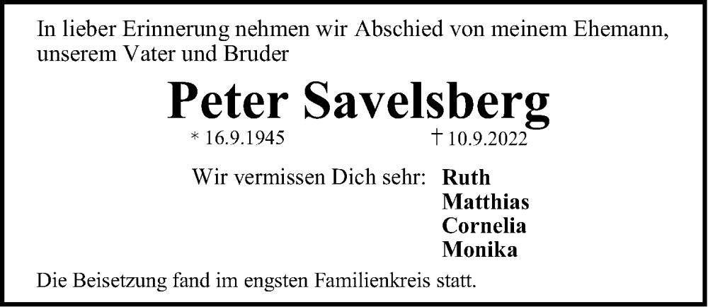  Traueranzeige für Peter Savelsberg vom 24.09.2022 aus Erlanger Nachrichten Lokal