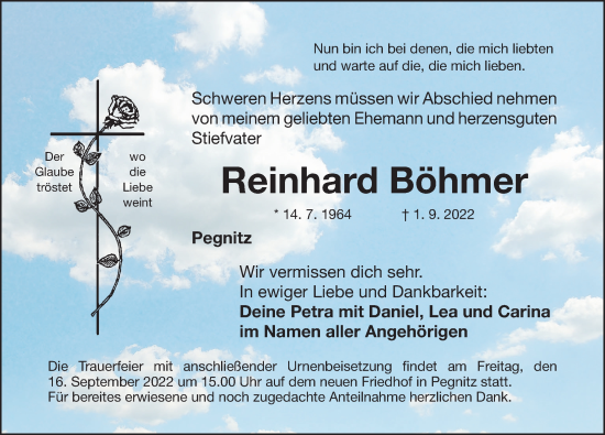 Traueranzeige von Reinhard Böhmer von Nordbayerische Nachrichten Pegnitz Lokal