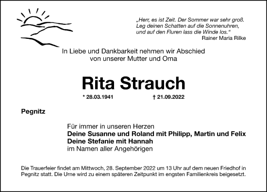 Traueranzeige von Rita Strauch von Nordbayerische Nachrichten Pegnitz Lokal