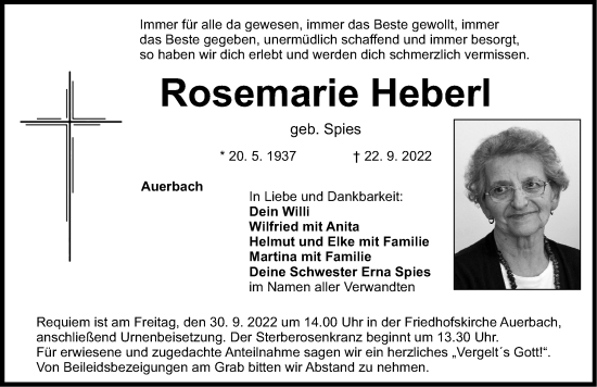 Traueranzeige von Rosemarie Heberl von Nordbayerische Nachrichten Pegnitz Lokal