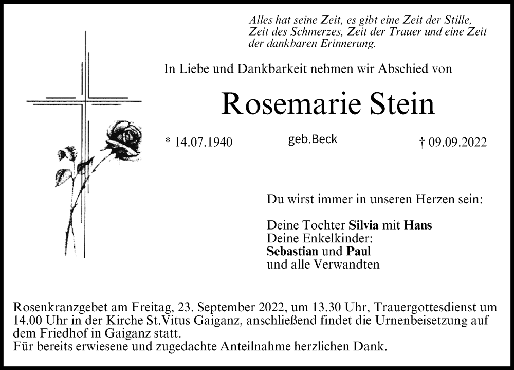  Traueranzeige für Rosemarie Stein vom 21.09.2022 aus Nordbayerische Nachrichten Forchheim Lokal