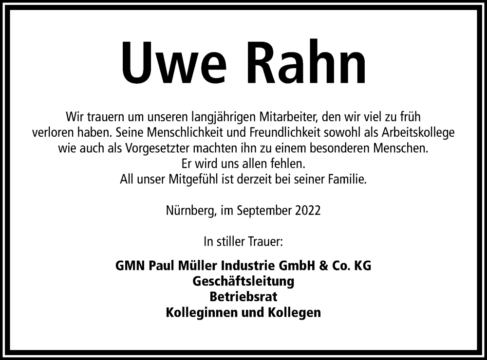  Traueranzeige für Uwe Rahn vom 24.09.2022 aus Gesamtausgabe Nürnberger Nachrichten/ Nürnberger Ztg.