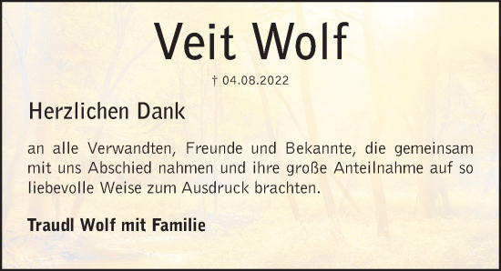 Traueranzeige von Veit Wolf von Nordbayerische Nachrichten Pegnitz Lokal