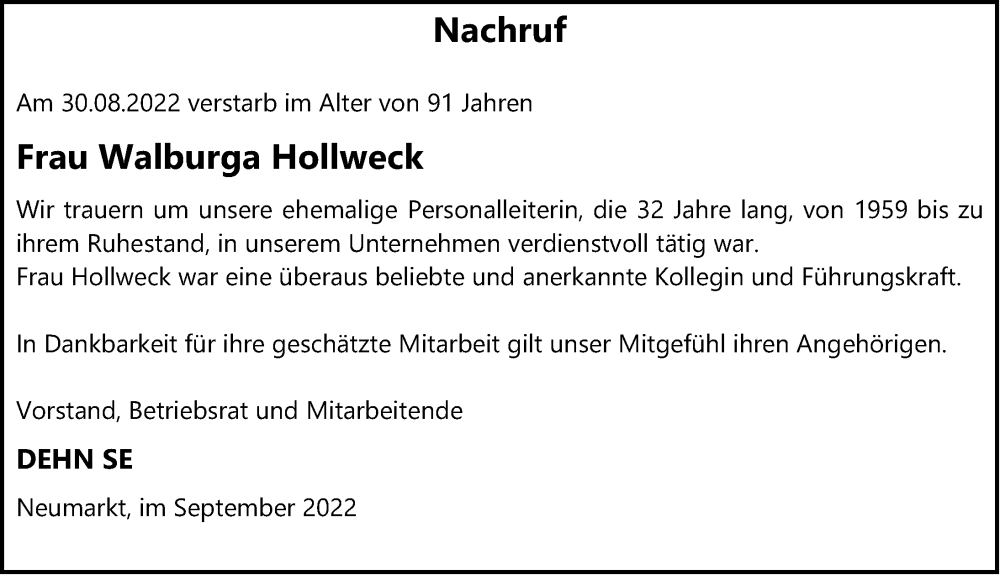  Traueranzeige für Walburga Hollweck vom 09.09.2022 aus Neumarkter Nachrichten Lokal