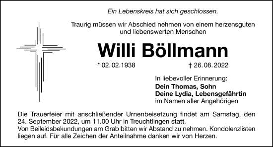 Traueranzeige von Willi Böllmann von Weißenburger Tagblatt u.Treuchtlinger Kurier Lokal