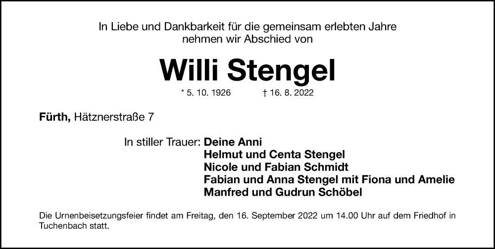  Traueranzeige für Willi Stengel vom 14.09.2022 aus Fürther Nachrichten Lokal