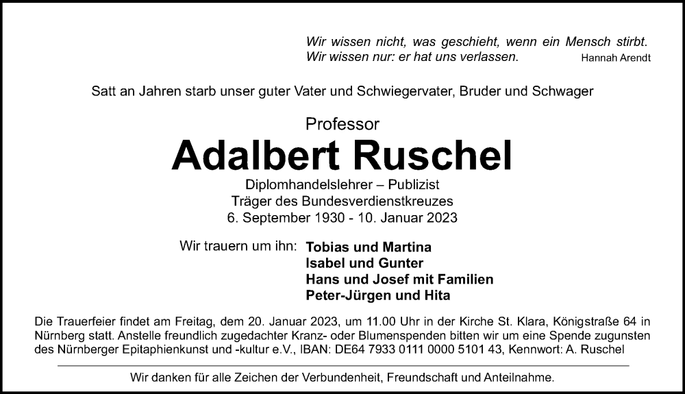  Traueranzeige für Adalbert Ruschel vom 14.01.2023 aus Gesamtausgabe Nürnberger Nachrichten/ Nürnberger Ztg.