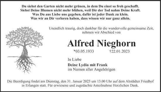 Traueranzeige von Alfred Nieghorn von Erlanger Nachrichten Lokal