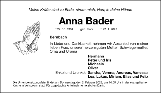 Traueranzeige von Anna Bader von Fürther Nachrichten Lokal