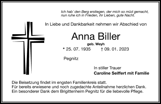 Traueranzeige von Anna Biller von Nordbayerische Nachrichten Pegnitz Lokal