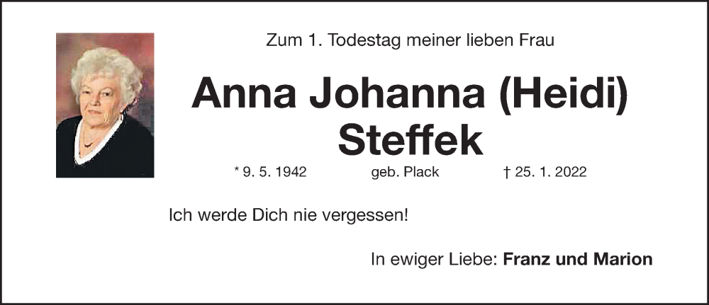  Traueranzeige für Anna Johanna Steffek vom 25.01.2023 aus Fürther Nachrichten Lokal