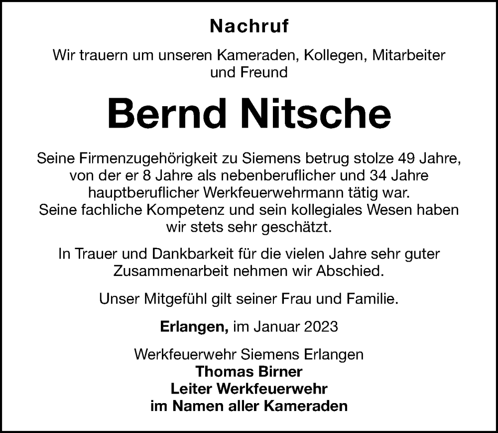  Traueranzeige für Bernd Nitsche vom 14.01.2023 aus Nordbayerische Nachrichten Herzogenaurach Lokal