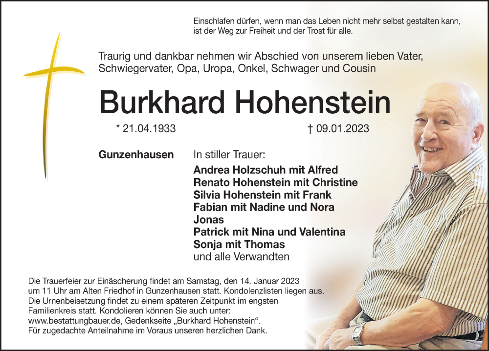  Traueranzeige für Burkhard Hohenstein vom 12.01.2023 aus Altmühl-Bote Lokal