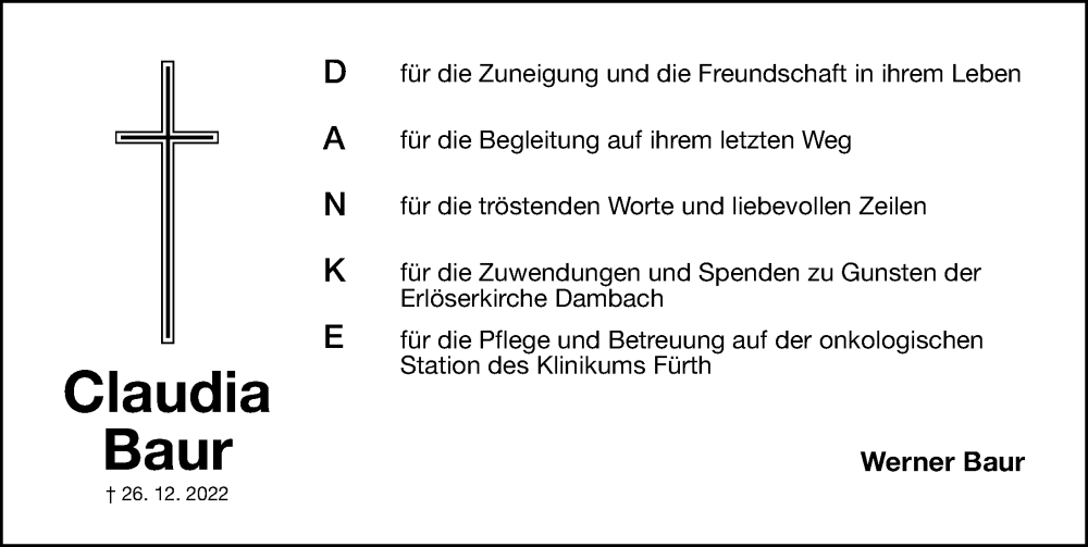  Traueranzeige für Claudia Baur vom 07.01.2023 aus Fürther Nachrichten Lokal