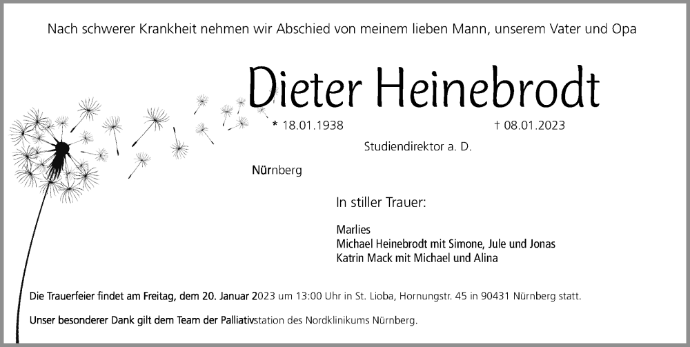  Traueranzeige für Dieter Heinebrodt vom 14.01.2023 aus Gesamtausgabe Nürnberger Nachrichten/ Nürnberger Ztg.